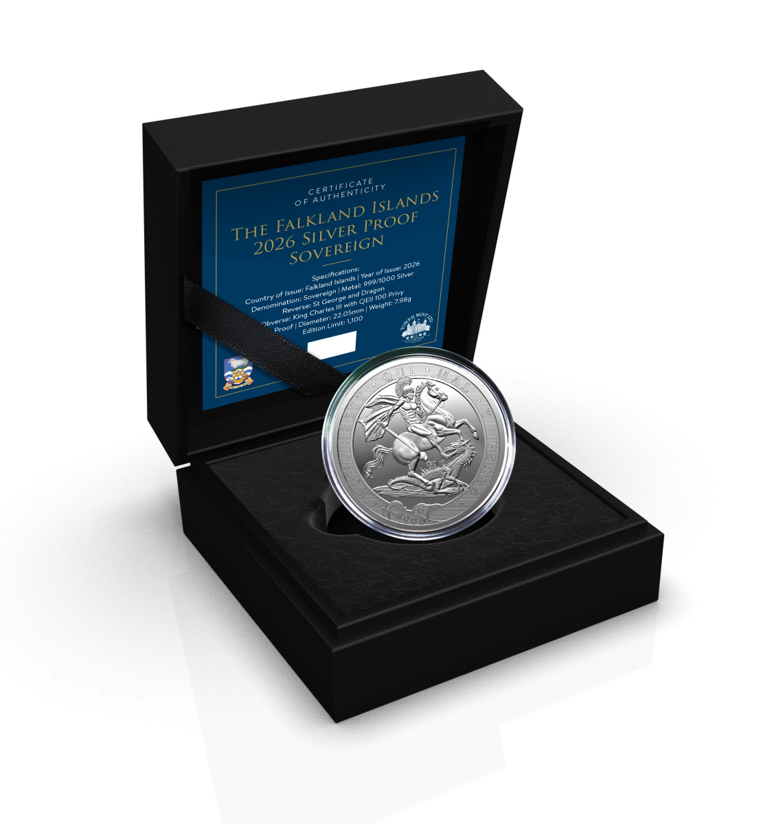 Silver Sovereign coin, front view, 2026, Falkland Islands mint, 7.98 grams, commemorative theme of British heritage.