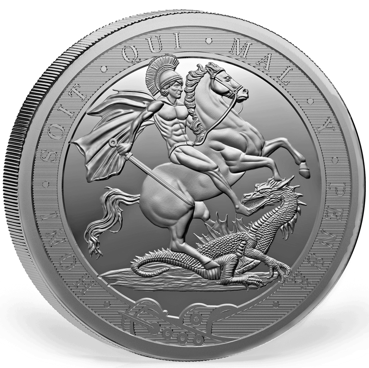 Falkland Silver coin, front view, 2023, Falkland Islands Mint, 1 oz, featuring a warrior on horseback and a dragon,.