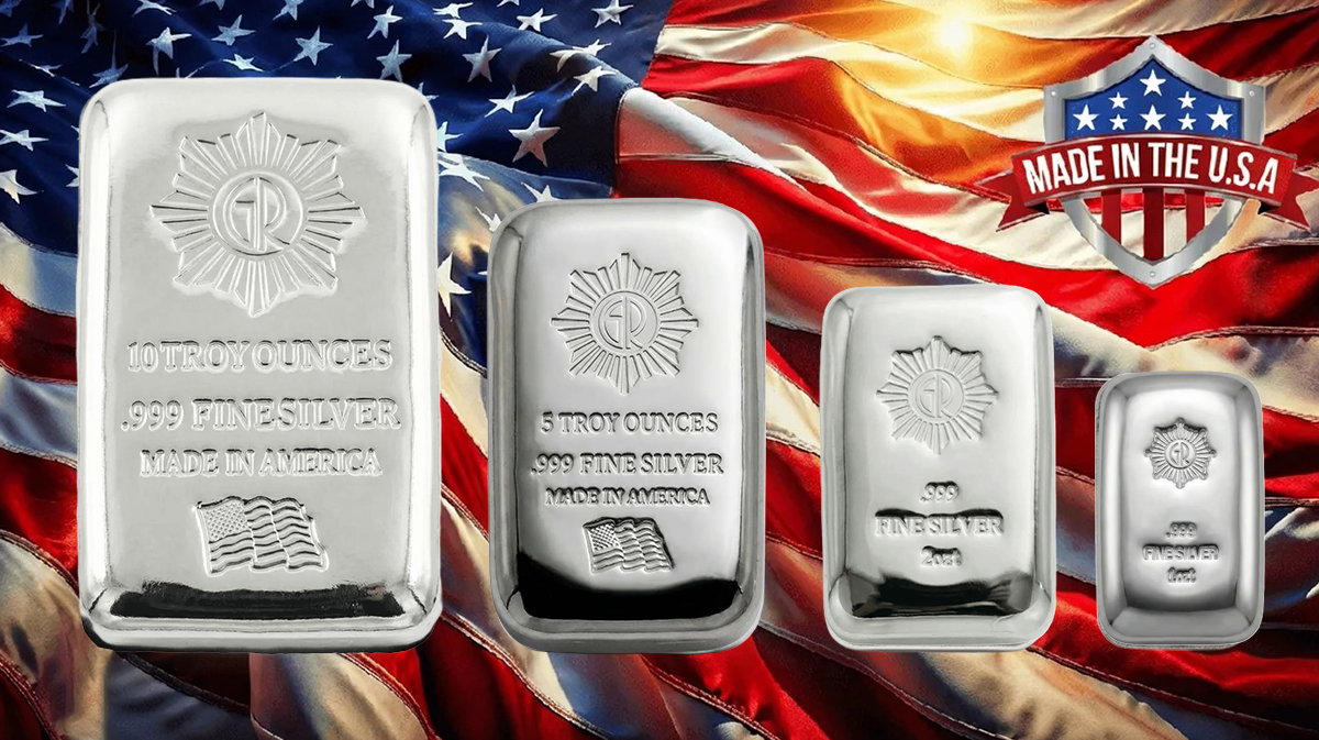 Shiny silver poured bars viewed from a slight angle, 2023, minted in the USA, weighing from 1 oz to 5 oz, patriotic.