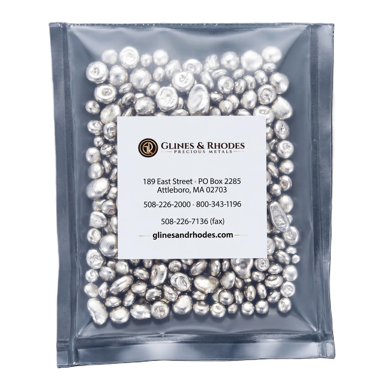 Bright angle of 14K white gold casting grain in a sealed bag, 1 gram, produced in 2023, from Glines & Rhodes mint.
