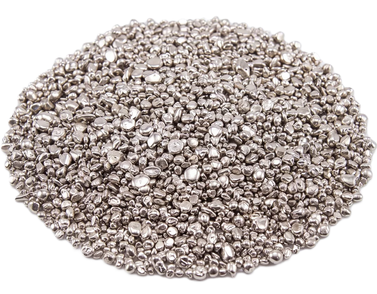Close-up of 14K white gold casting grain pile, 1 gram, minted in 2023, viewed from a top angle, showcasing fine met.