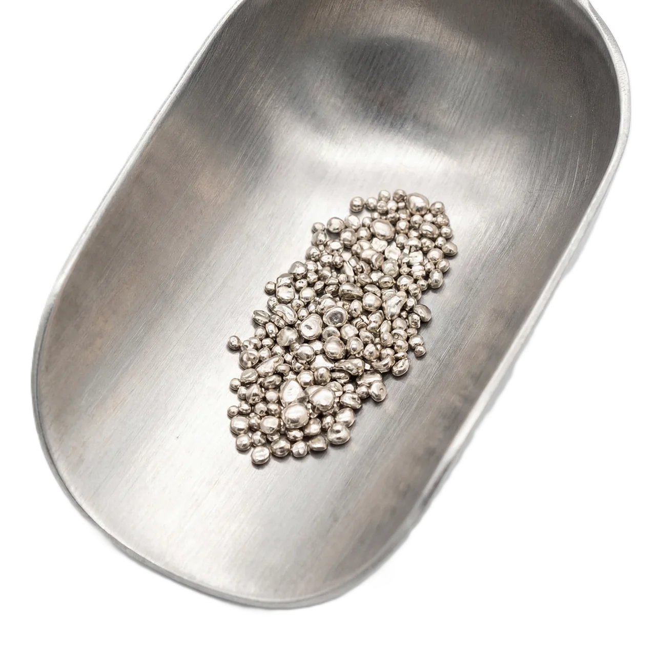 Brushed angle view of 2023 mint, 14K white gold casting grain scoop, 1 gram, premium precious metal for jewelry mak.
