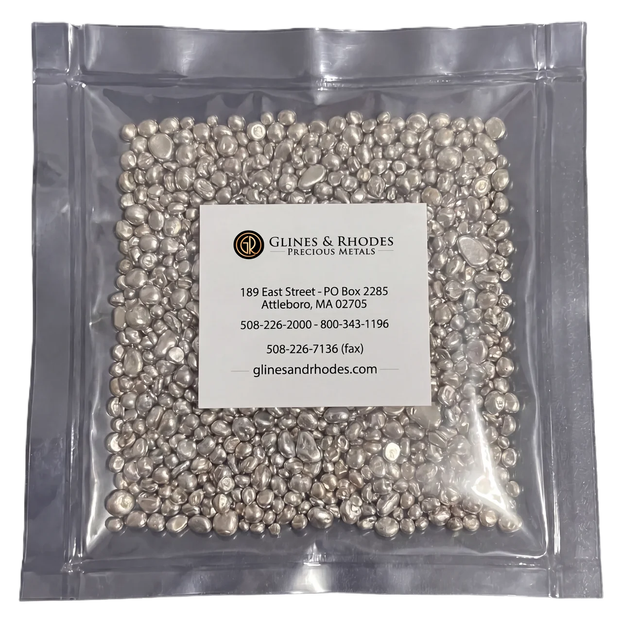18K White Gold casting grain, front view, 2023, made by Glines & Rhodes, 1 gram, elegant theme, perfect for jewelry.