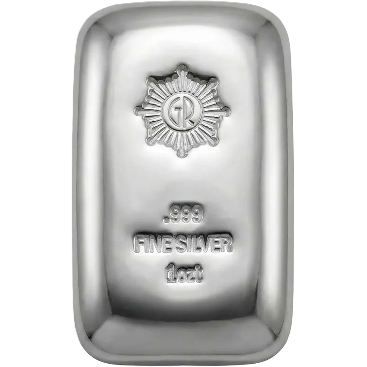 Shiny silver 1 oz cast bar from 2023 by GR Mint, featuring a polished finish and detailed design, perfect for colle.