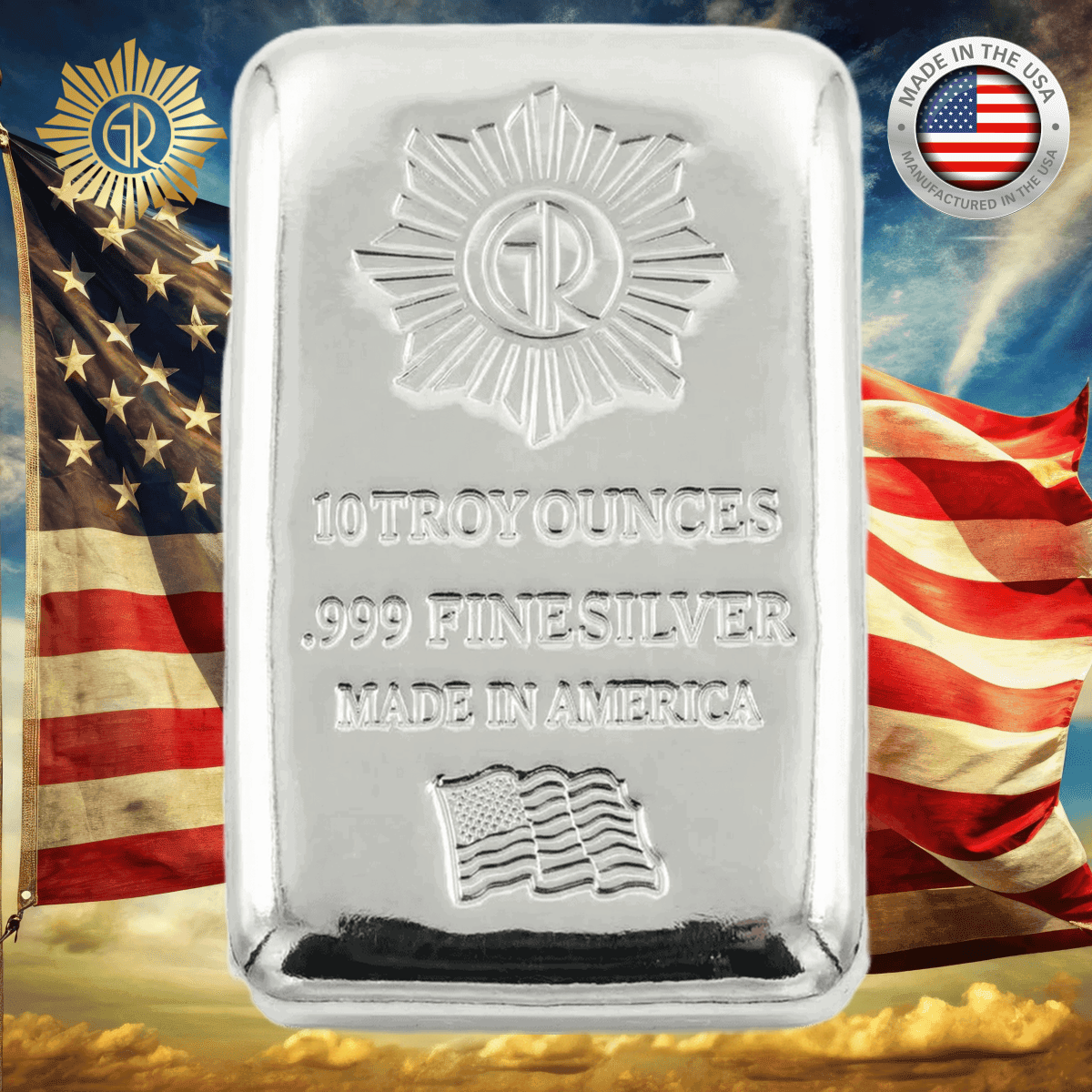 Shiny 1 oz silver bar, front view, 2023, Cast by US Mint, polished finish, featuring American flag and patriotic th.