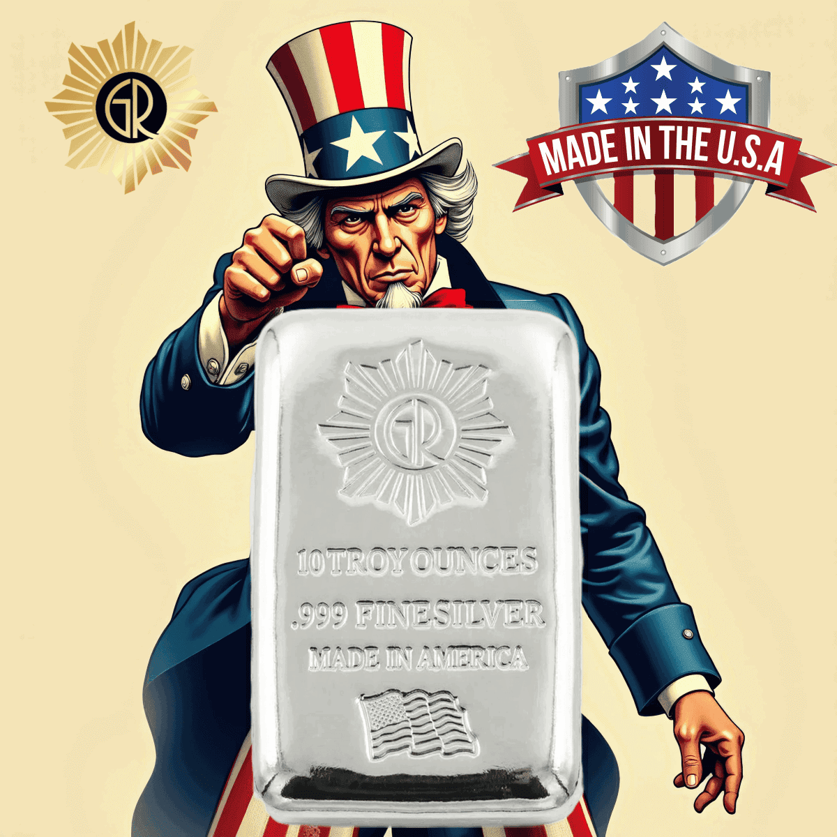 An excellent Uncle Sam holding a polished 1 oz silver bar, front view, 2023, minted in the USA, featuring patriotic.