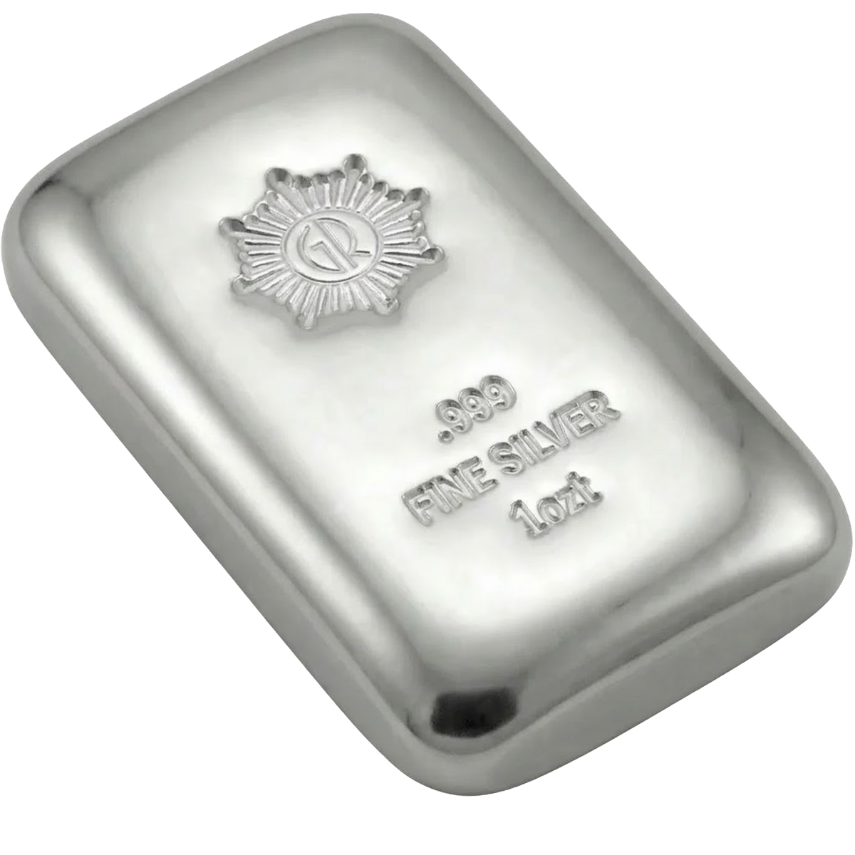 Bright angle view of the 2023 GR Reserve 1 oz Silver .999 Polished Cast Bar, minted by the Royal Mint, showcasing i.