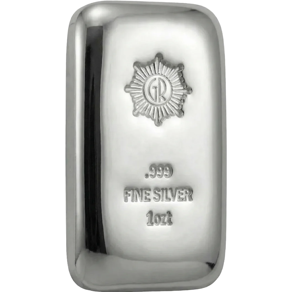Shiny angle view of the 2023 GR Mint 1 oz Silver .999 Polished Cast Bar showcasing its sleek design and fine crafts.