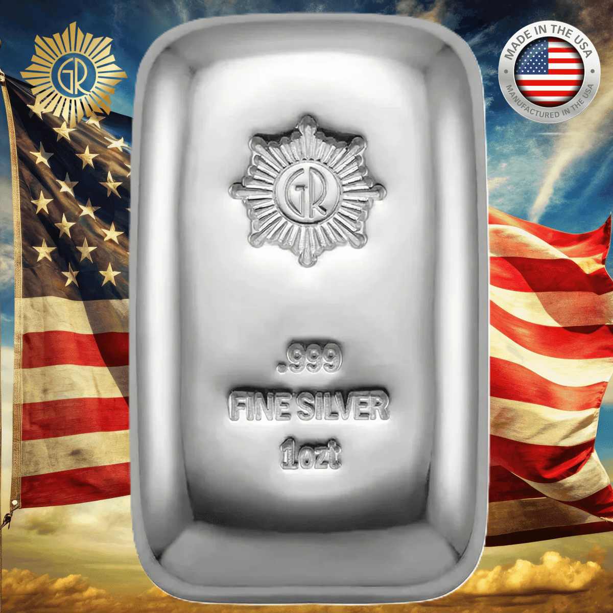 Front view of 1 oz Silver .999 polished cast bar from GR Reserve, made in 2023, with patriotic flag background, per.