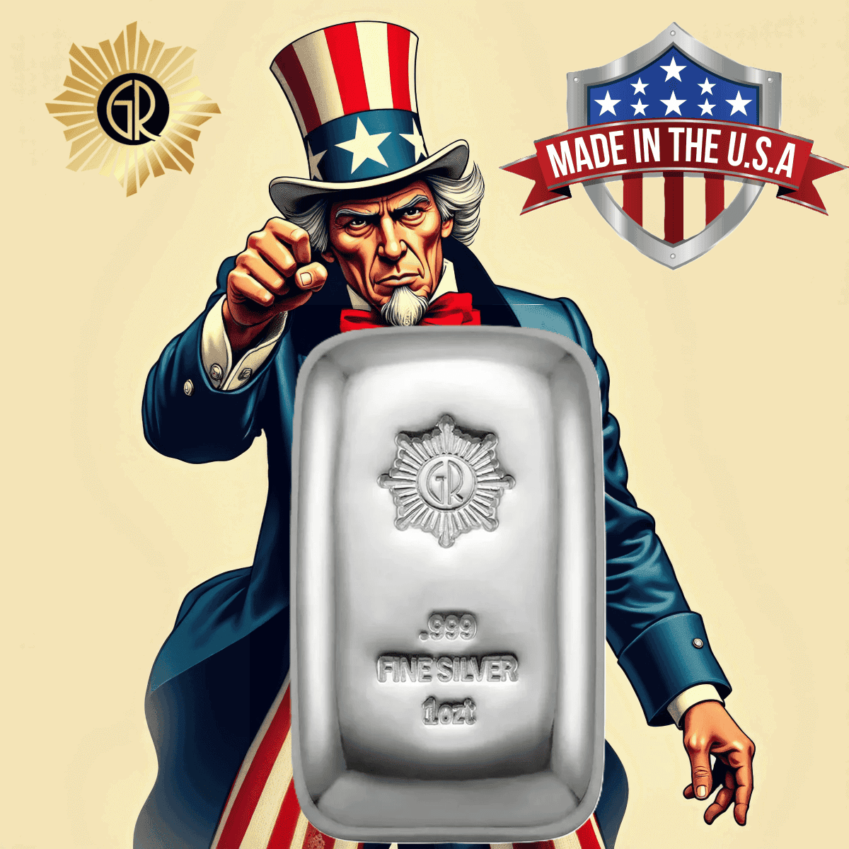 Shiny 1 oz Silver .999 Polished Cast Bar from 2023, minted in the U.S., featuring Uncle Sam and patriotic themes, p.