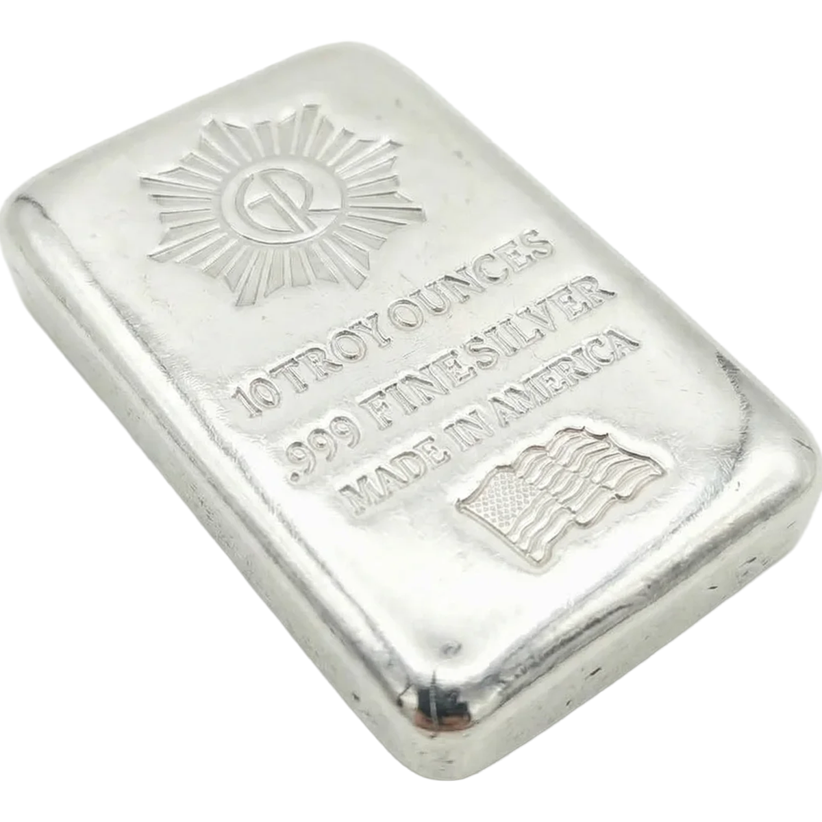 Cast polished 10oz silver bar from 2023, minted in the USA, showcasing a flat angle view of this collectible precio.