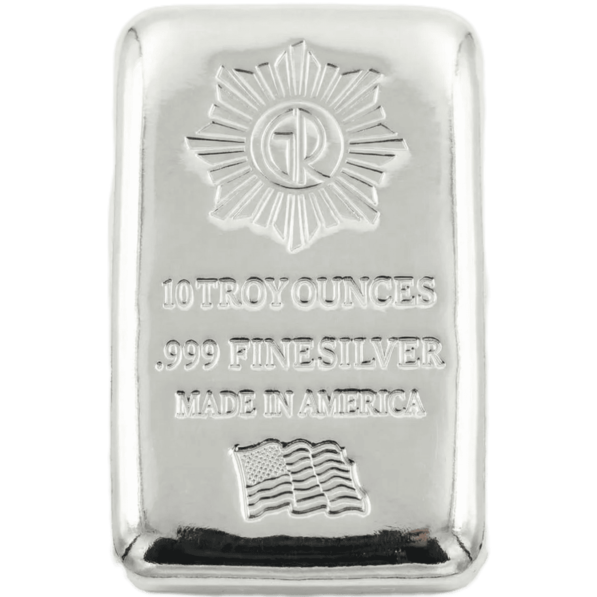 Bright front view of a 10 oz .999 fine silver cast bar, minted in America, showcasing detailed engravings and polis.