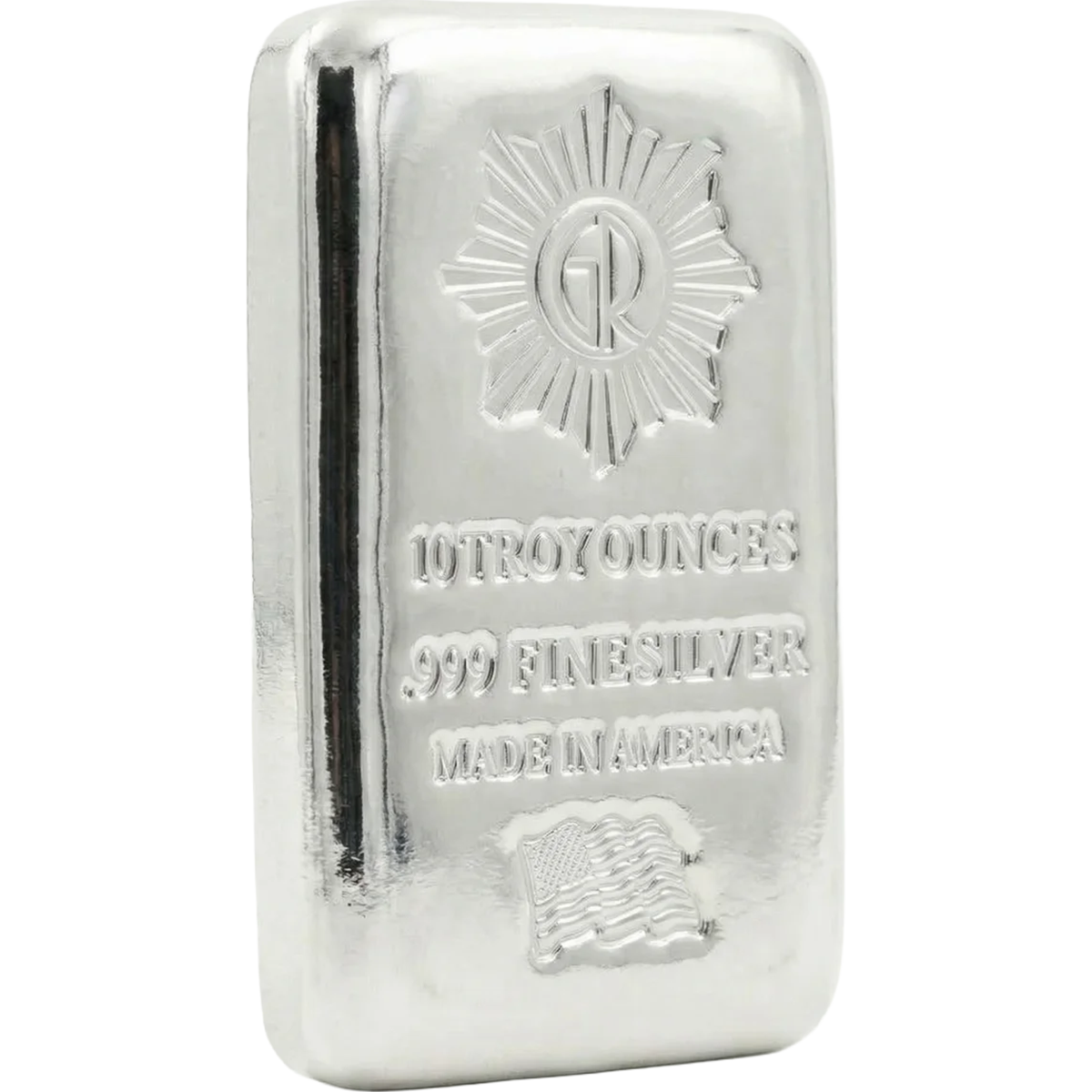 GR Reserve 10oz .999 Silver cast, polished side angle, 2023, mint in America, collectible precious metal bar.