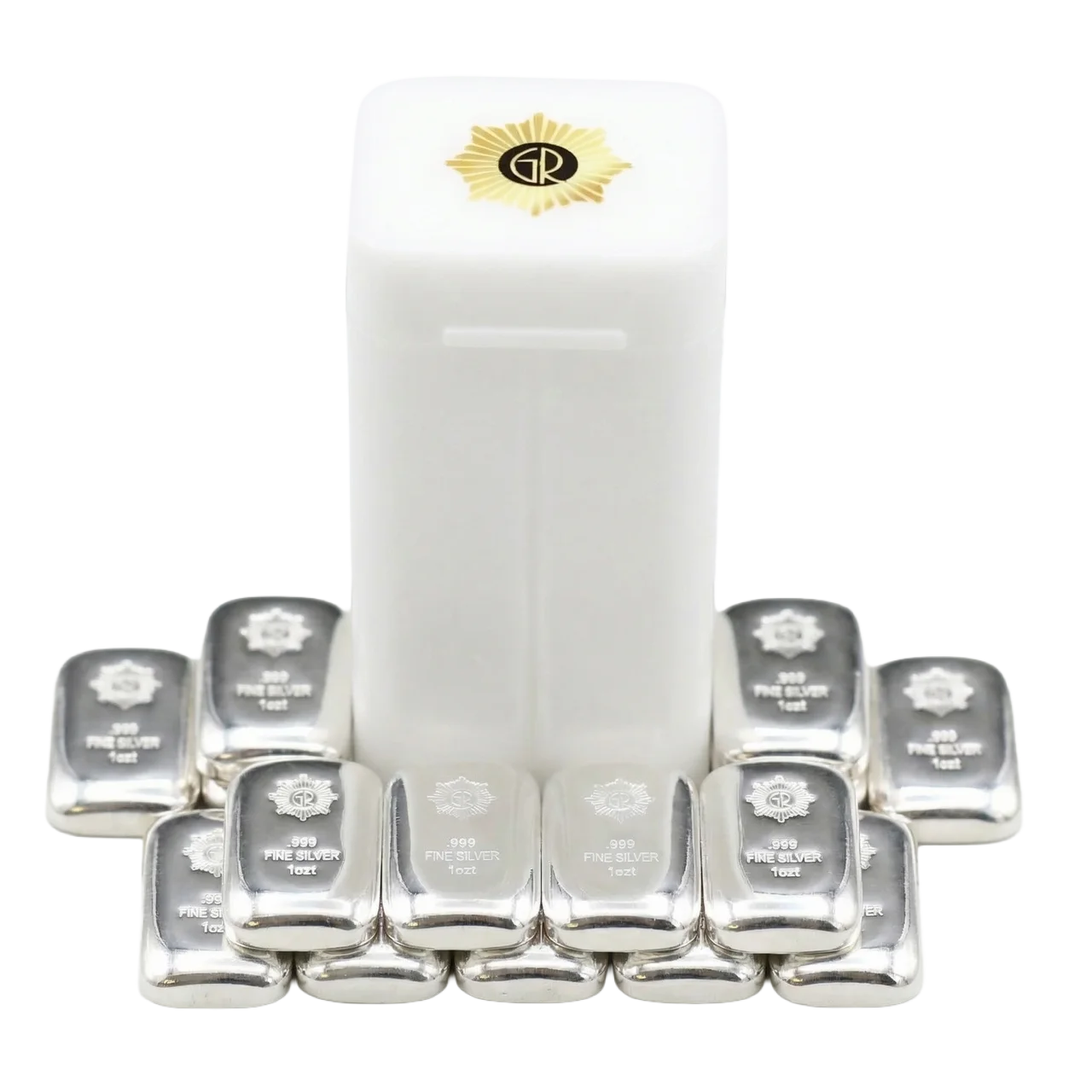 Brushed angle view of 2023 GR Mint 1oz Silver .999 cast bars in a tube, showcasing polished finish and stacking des.