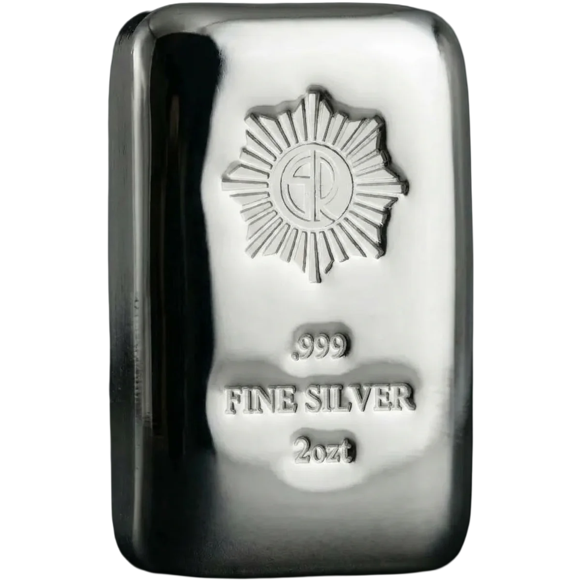Shiny 2oz .999 silver cast bar from 2023, minted by the prestigious GR Reserve, showcasing a polished side with a s.