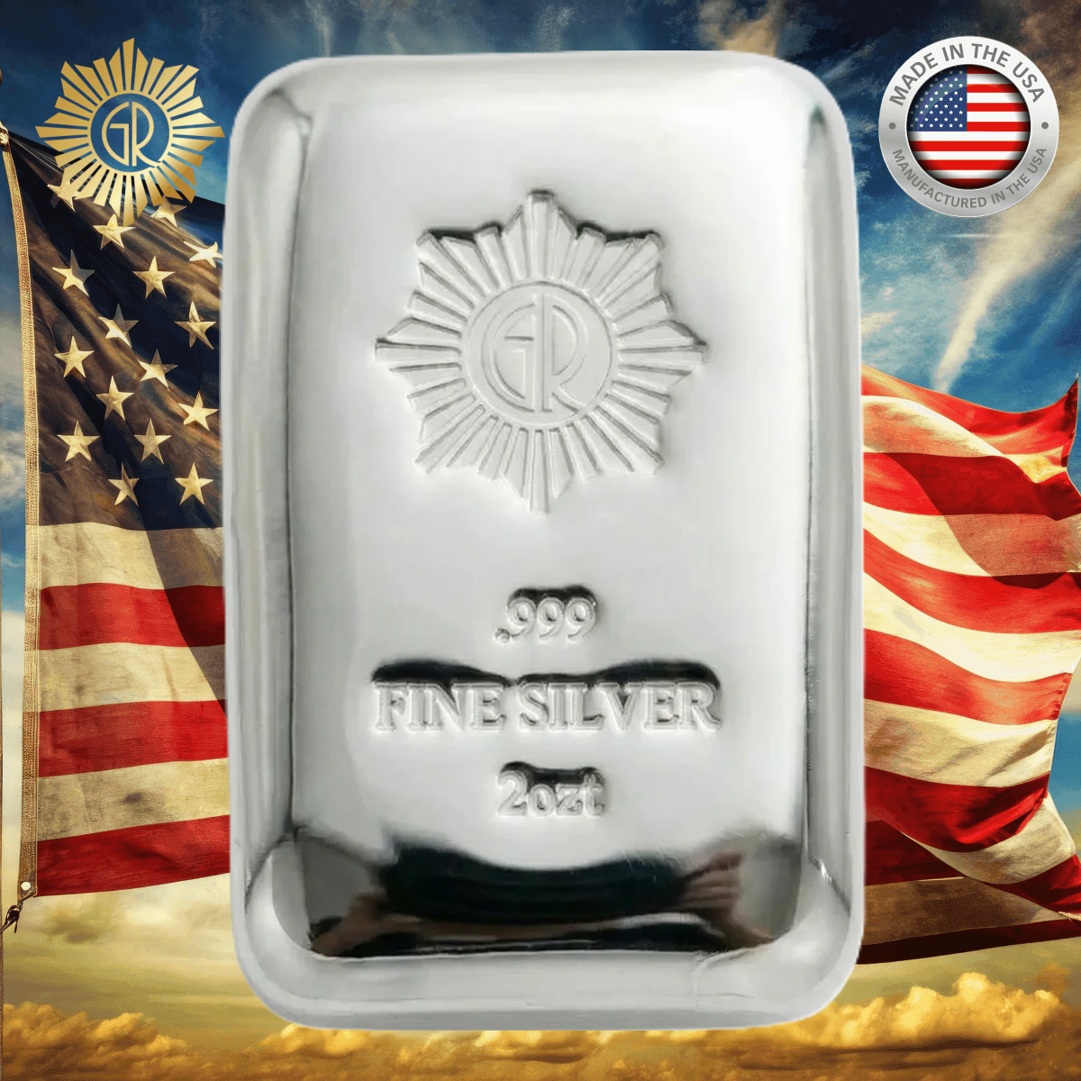 Brightly polished front view of a 2oz .999 silver cast bar with flag background, minted in 2017, showcasing patriot.