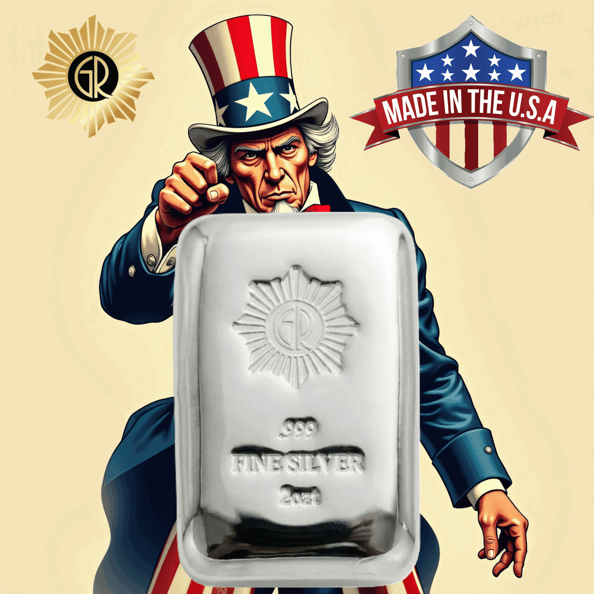 Uncle Sam holding a polished 2oz .999 silver cast bar, front view, 2023, minted in the U.S., patriotic theme, detai.