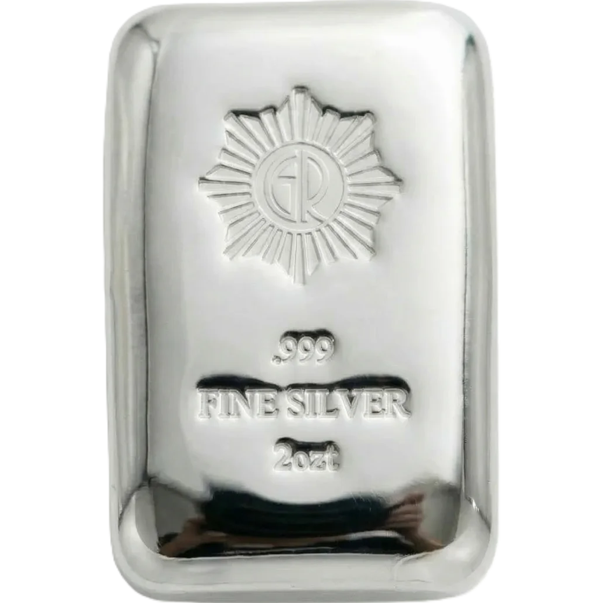 Front view of 2oz .999 fine silver cast polished bar from 2023, minted by GR Reserve, showcasing detailed logo and.