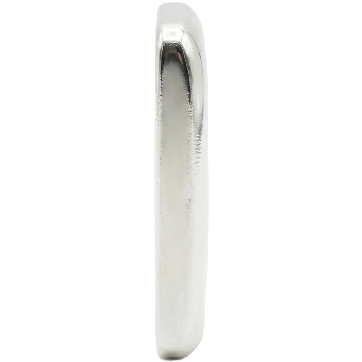 Shiny GR Reserve 2oz .999 silver polished bar viewed from the side, minted in 2023, showcasing craftsmanship and el.
