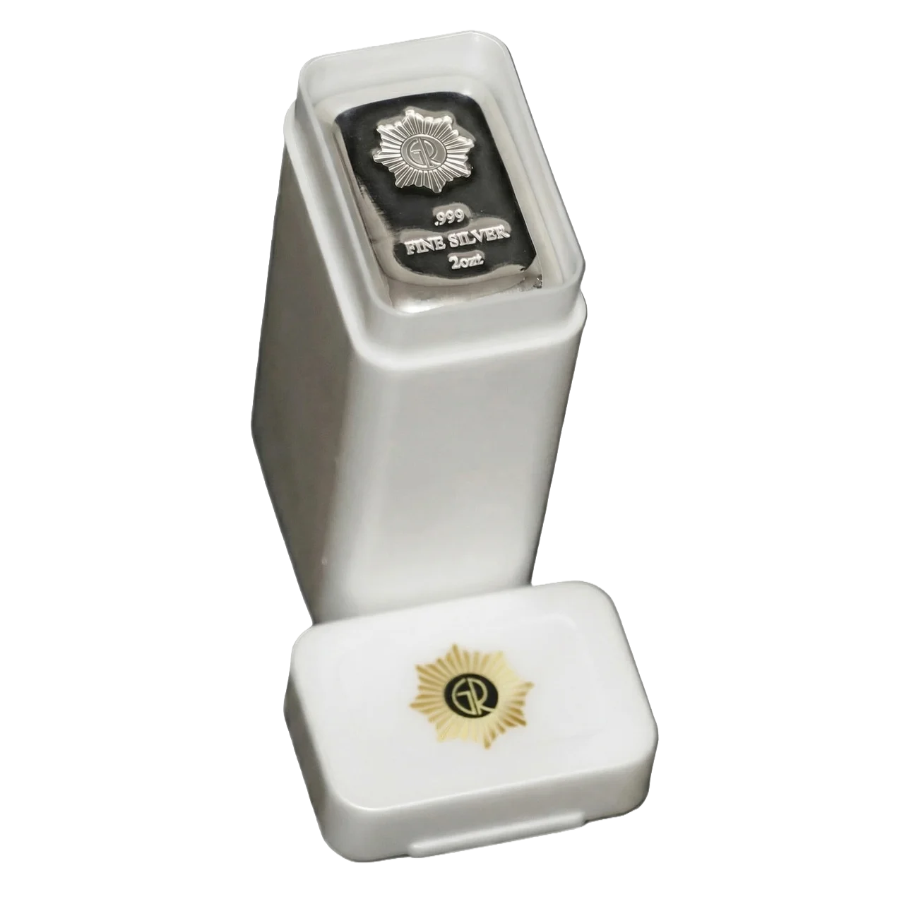 A sleek 2oz .999 fine silver polished bar from 2023, minted by the prestigious GR Reserve, displayed in a protectiv.