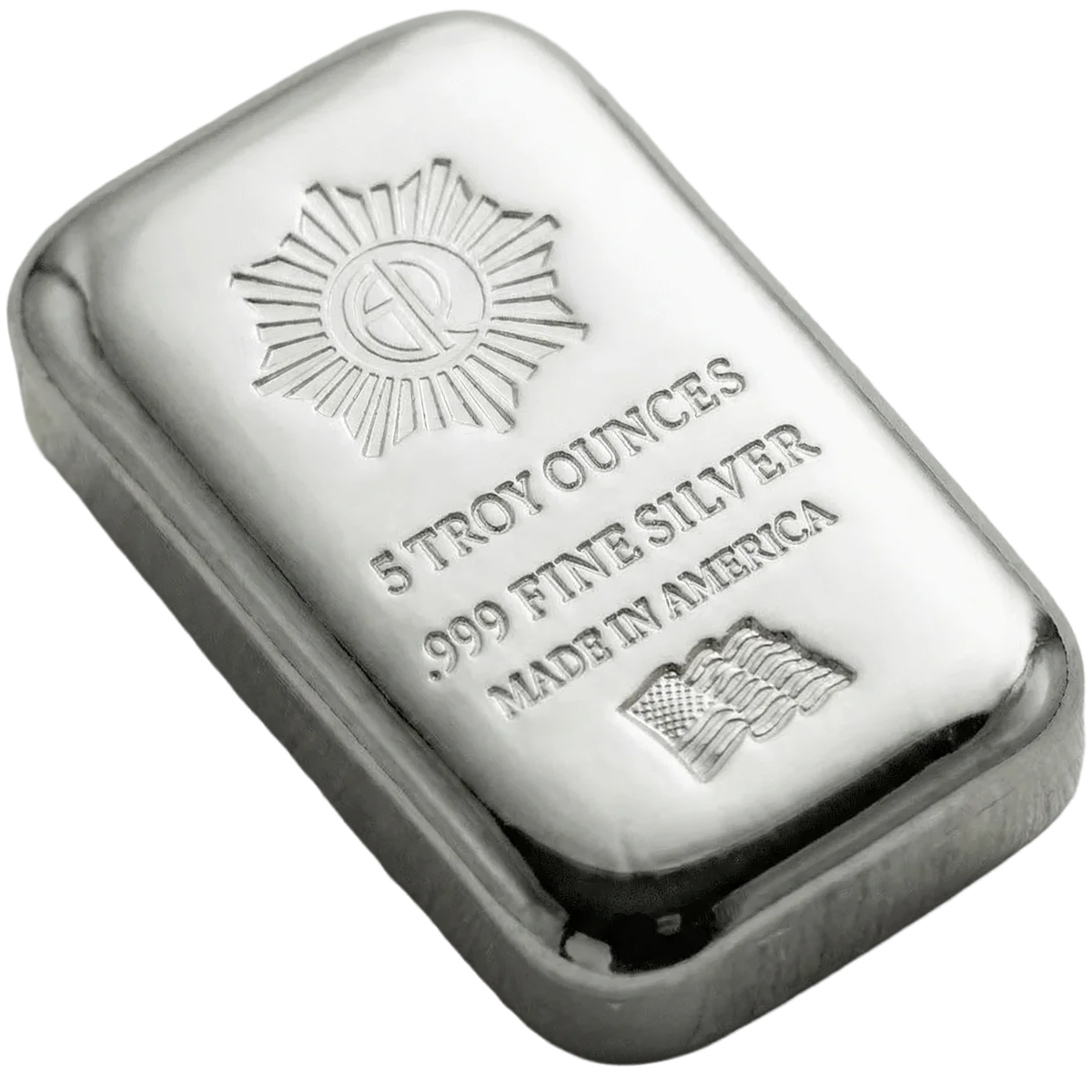 Shallow angle view of the GR Reserve 5oz .999 silver cast polished bar, minted in America in 2023, showcasing its s.