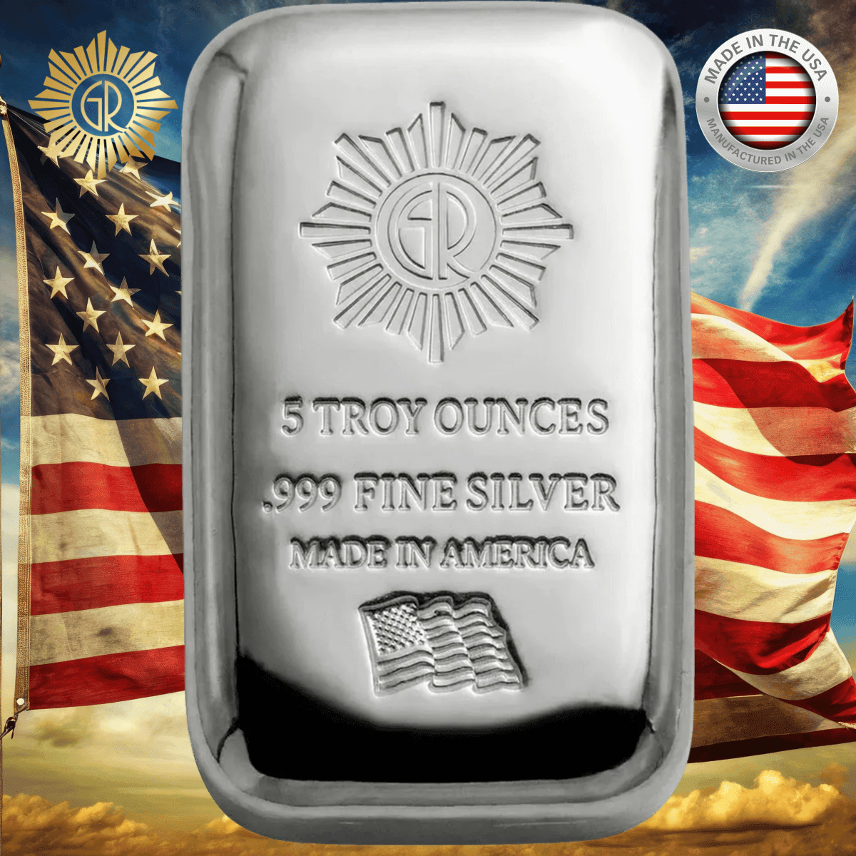 Bright front view of the 5oz .999 silver cast bar with American flag design, minted in 2023, showcasing patriotic c.