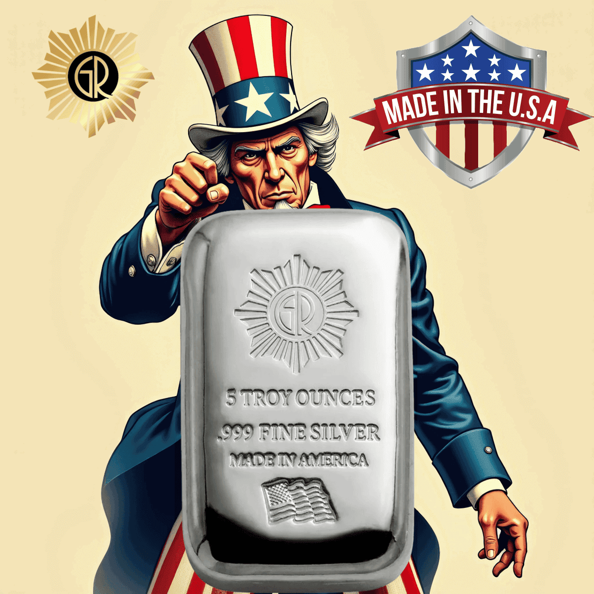 Uncle Sam 5oz .999 Silver cast polished bar, front view, 2023, US Mint, patriotic theme, detailed design.