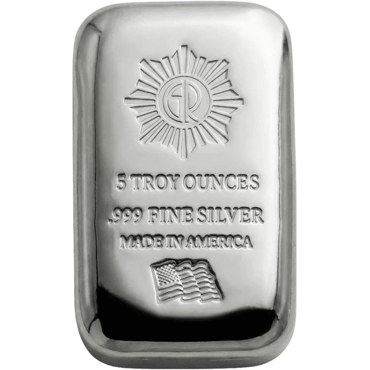 Brightview of the front of a polished 5oz .999 silver cast bar, made in America, showcasing detailed engravings and.