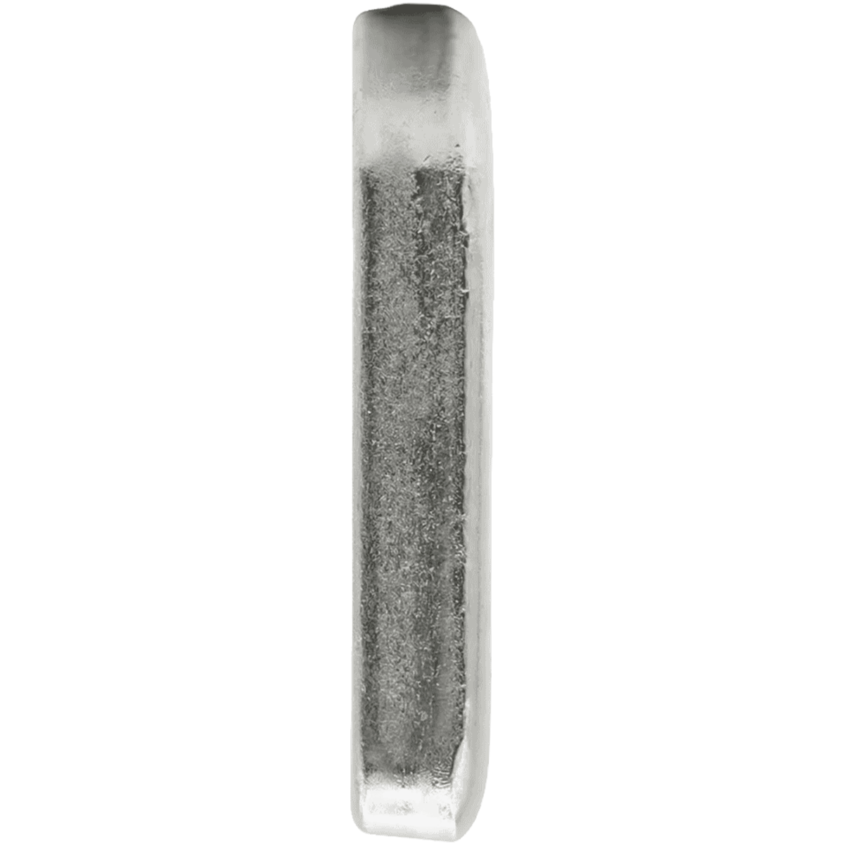 Side view of a 5oz .999 silver cast polished bar, made in 2023 by the Mint, showcasing its sleek, shiny surface and.