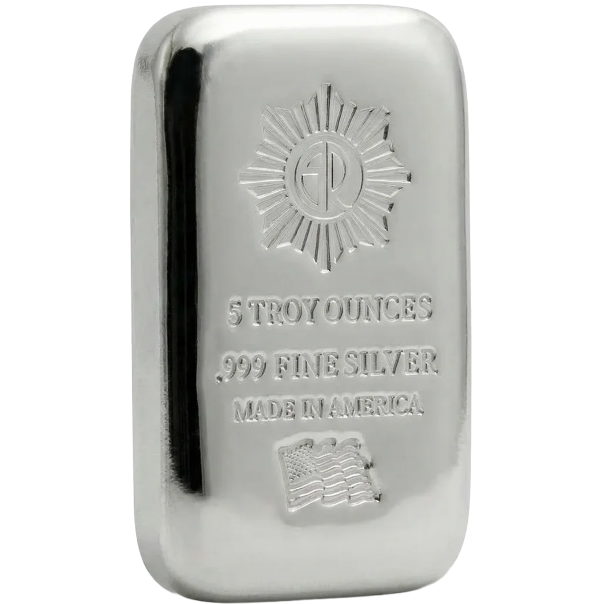Side angle view of 5oz .999 silver cast bar, 2023, minted in America, showcasing polished finish and patriotic them.