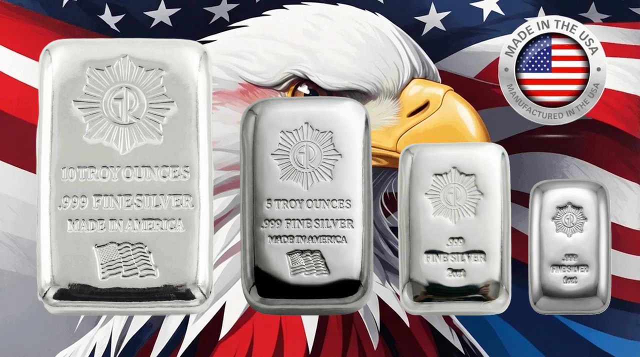 Shiny silver cast bars featuring eagle design, 2023, minted in the USA, 3 oz weight, patriotic theme with detailed.