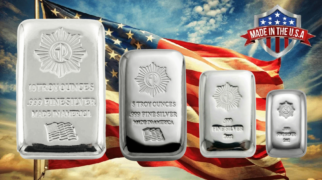 Angle view of 5 oz, 2023, US Mint, silver cast bar with eagle design, patriotic theme, polished finish, made in the.