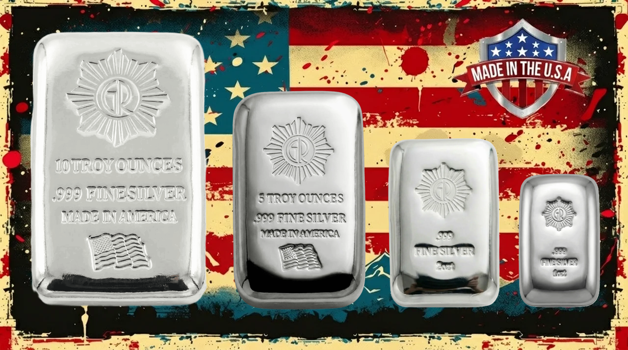Bright silver bars from 2023, minted by the U.S. Mint, weighing 10 oz, 5 oz, and 1 oz, showcasing patriotic themes.