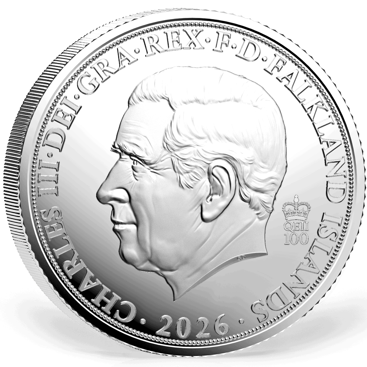 Silver Falklands coin, obverse view, 2026, Falkland Islands mint, 15g, commemorative design, detailed portrait, col.