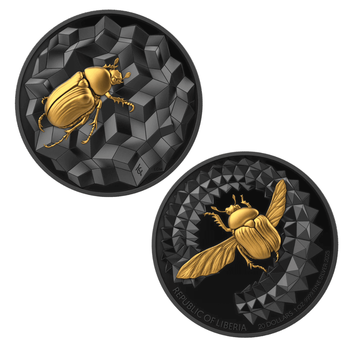 Golden beetle coin, 2026, Liberia mint, 1 oz, close-up angle, collectible theme.