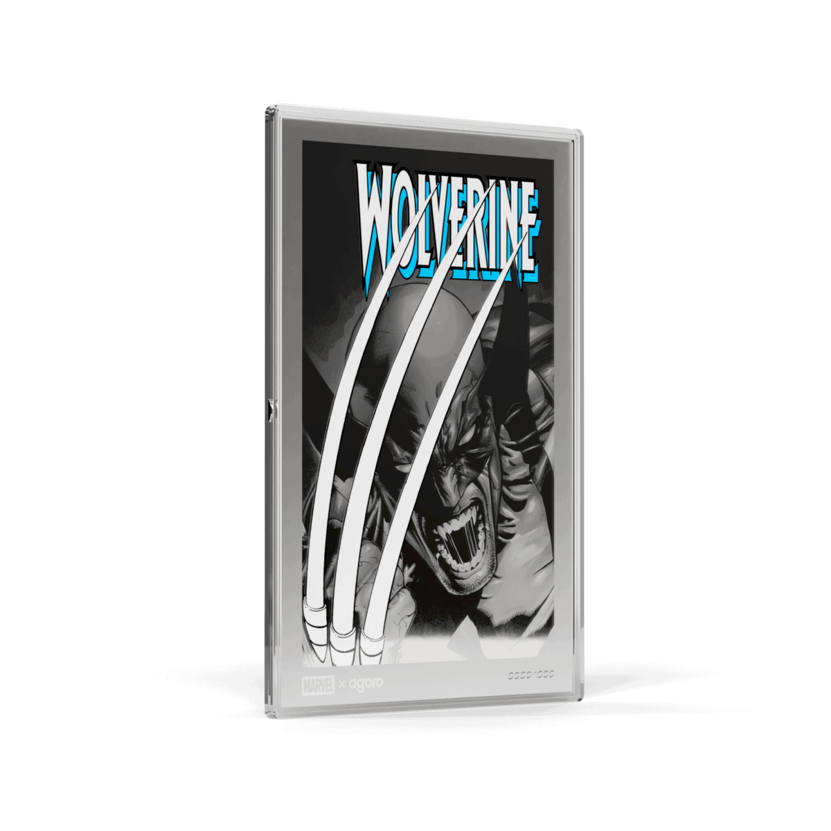 WolverineWeaponX145 ChaseLeft scaled: close-up view of a collectible metal card featuring Wolverine's fierce face a.