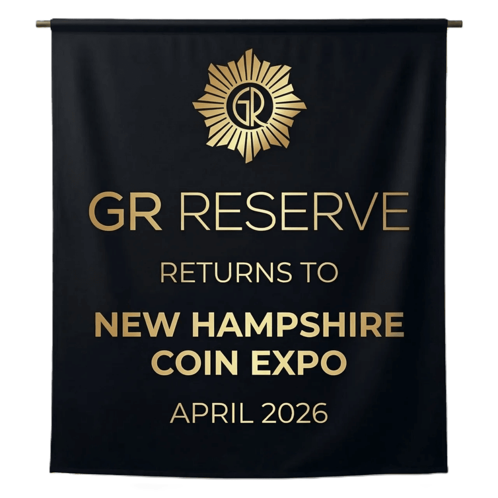 Front view of a gold coin, 2026, mint in New Hampshire, 1 oz, commemorating GR Reserve at Coin Expo.