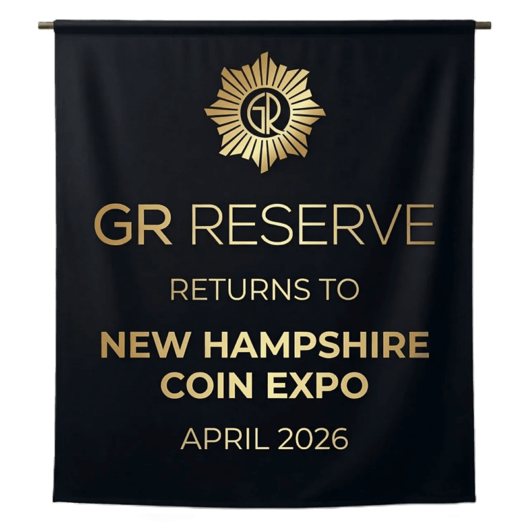 Front view of a gold coin, 2026, mint in New Hampshire, 1 oz, commemorating GR Reserve at Coin Expo.