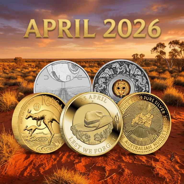The Australian Kangaroo 2026 coin, viewed from a side angle, showcasing its detailed design and gold finish, minted.