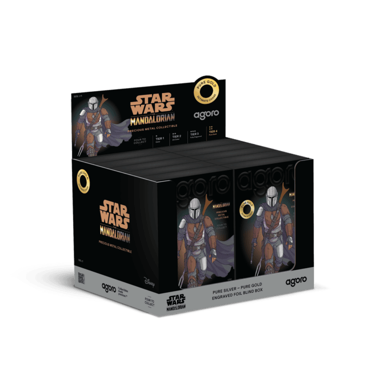 View of the Star Wars Mandalorian precious metal blind box from a front angle, 2023, made by Agoro Mint, 10 grams,.