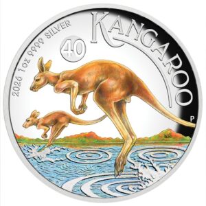 High Relief Colored Kangaroo Coin showing detailed three-dimensional kangaroos and packaging