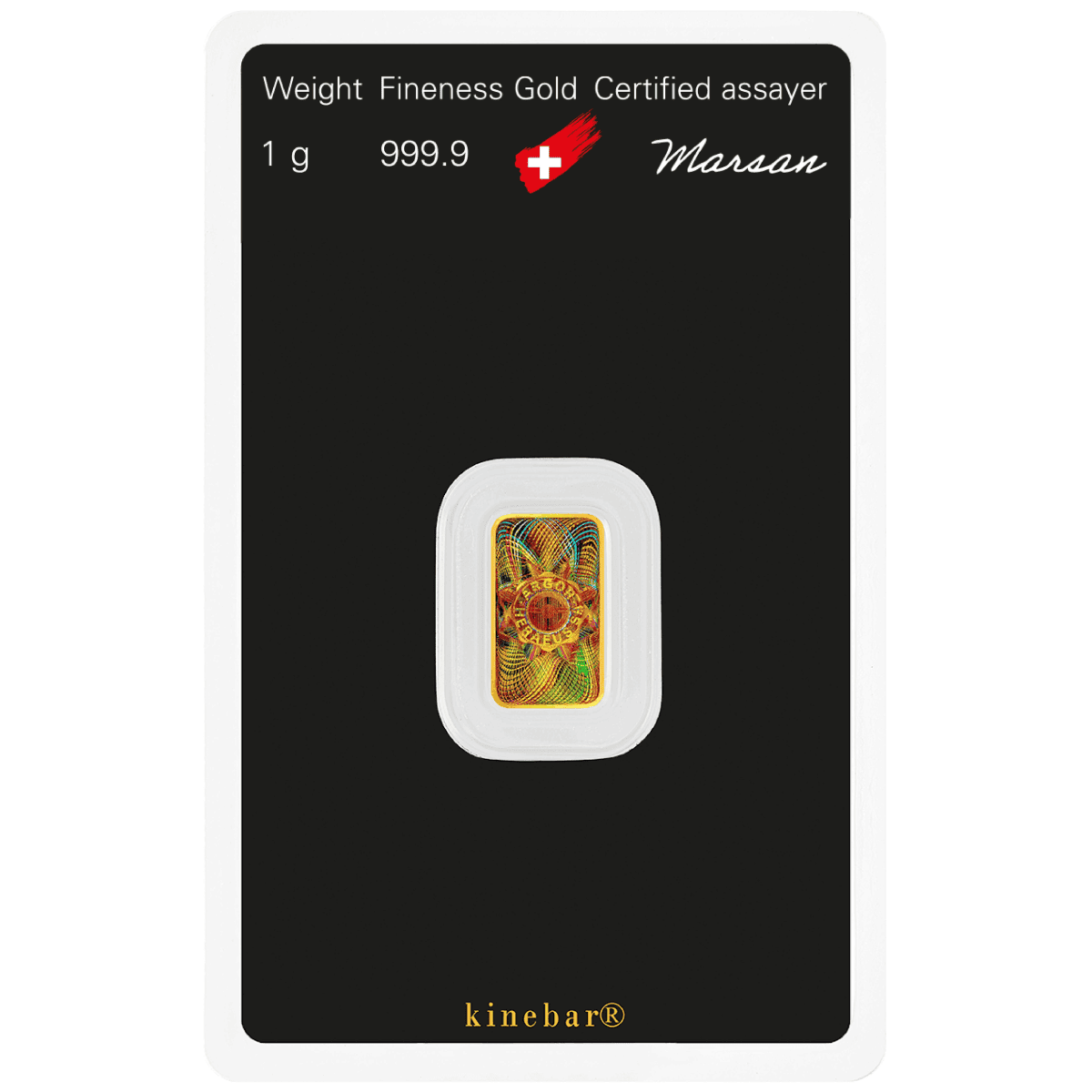 Front view of 1g Au Minted Kinebar 999.9 from Marsan mint, showcasing vibrant holographic design, made in 2023, 1 g.