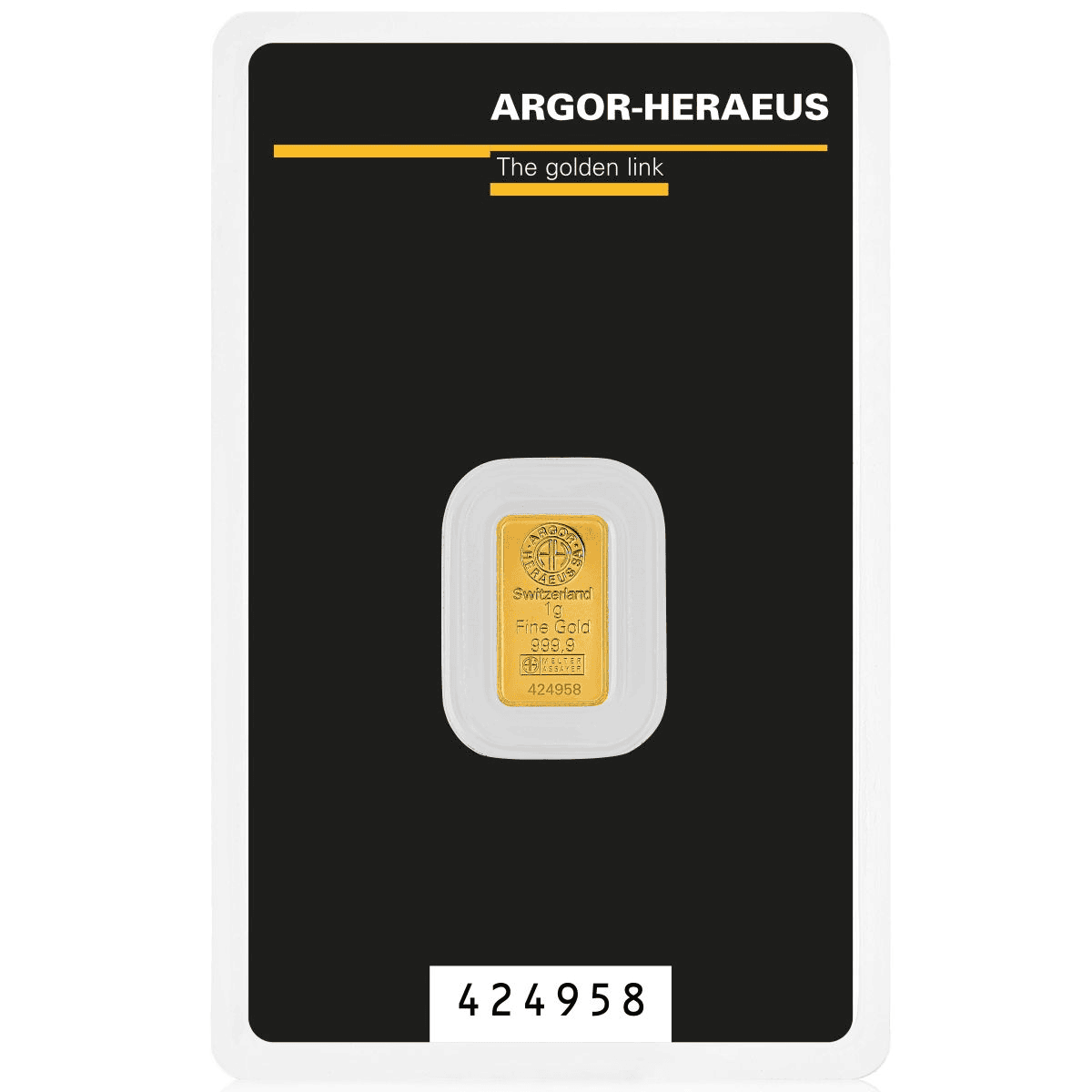 Front view of 1g Au Minted Kinebar 999.9 from 2023, minted by Swissmint, showcasing the gold bar's detailed design.