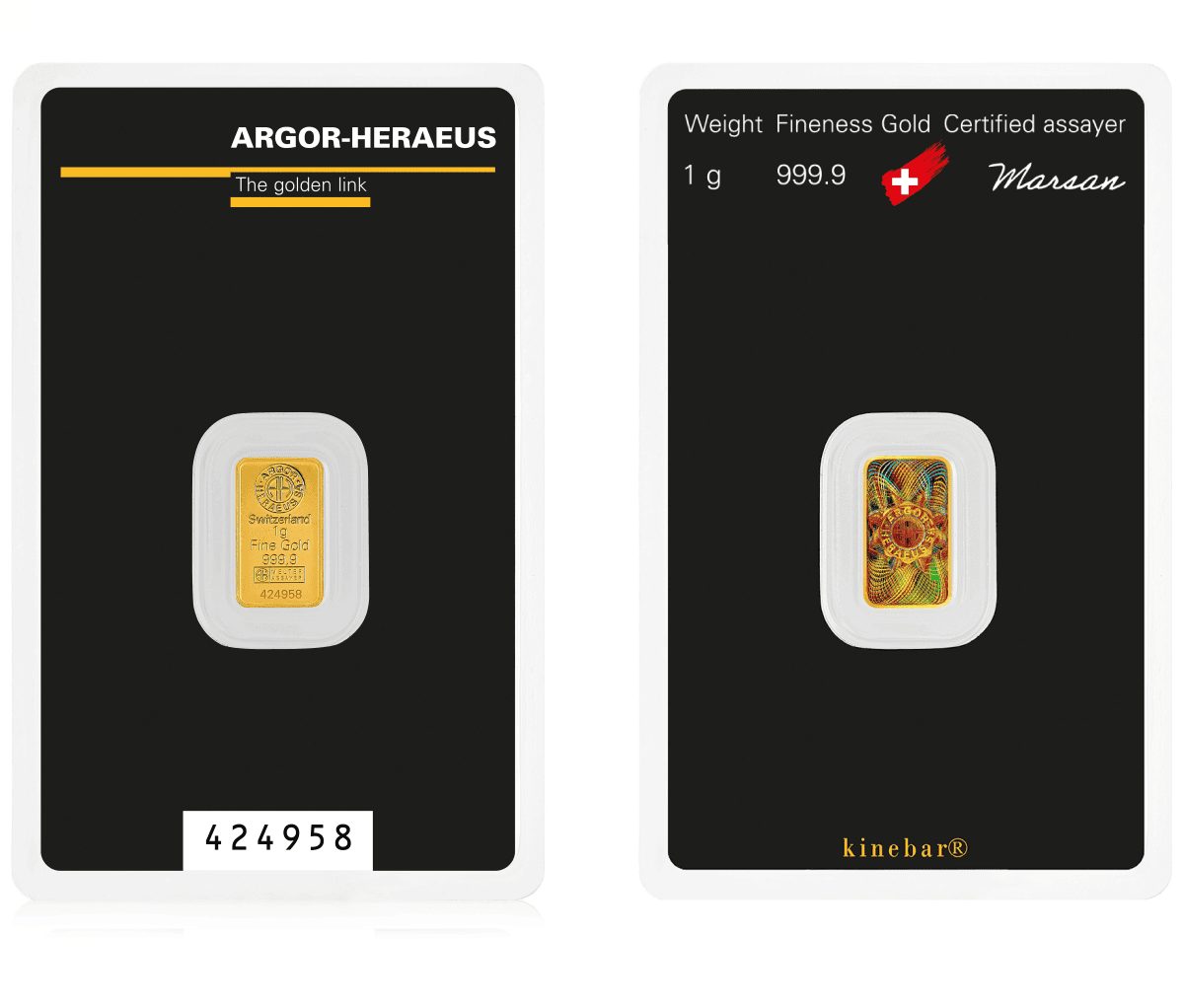 Shiny gold Kinebar 999.9 from 2023, minted by Argor-Heraeus, viewed from a front angle, weighing 1 gram, featuring.