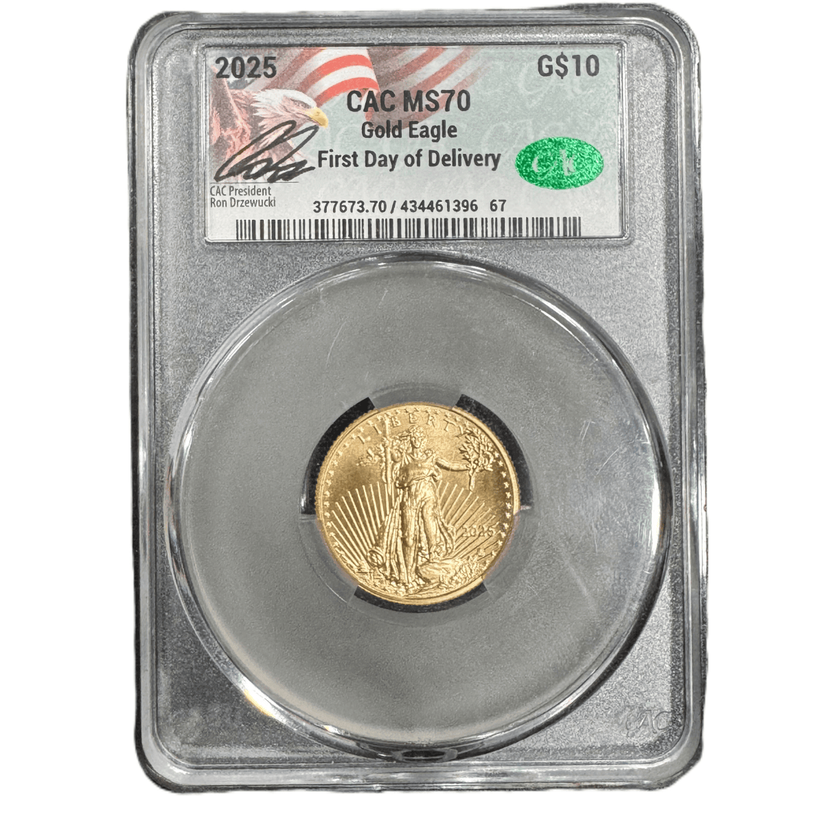 Gold Eagle 2025, American Mint, 0.25 oz, CAC MS70, Presidential Signature, in protective slab, showcasing detailed.