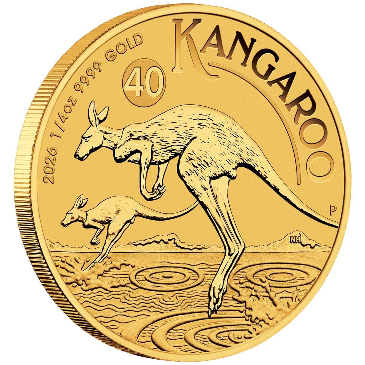 A detailed view of the 2026 Australia Kangaroo .25 oz Gold Bullion Coin, showing the kangaroo leaping over water fr.