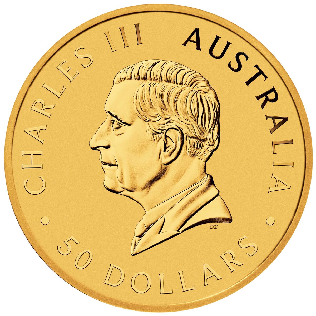 Shallow angle view of 2026 Australia Kangaroo .5 oz Gold Bullion Coin from Perth Mint, featuring detailed portrait,.