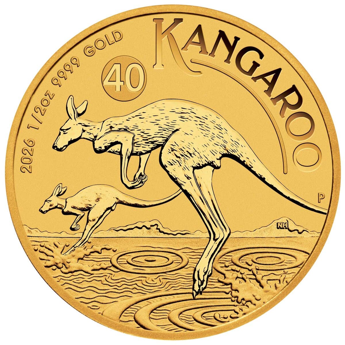 Shallow angle view of the 2026 Australia Kangaroo .5 oz Gold Bullion Coin from the Perth Mint, showcasing its detai.