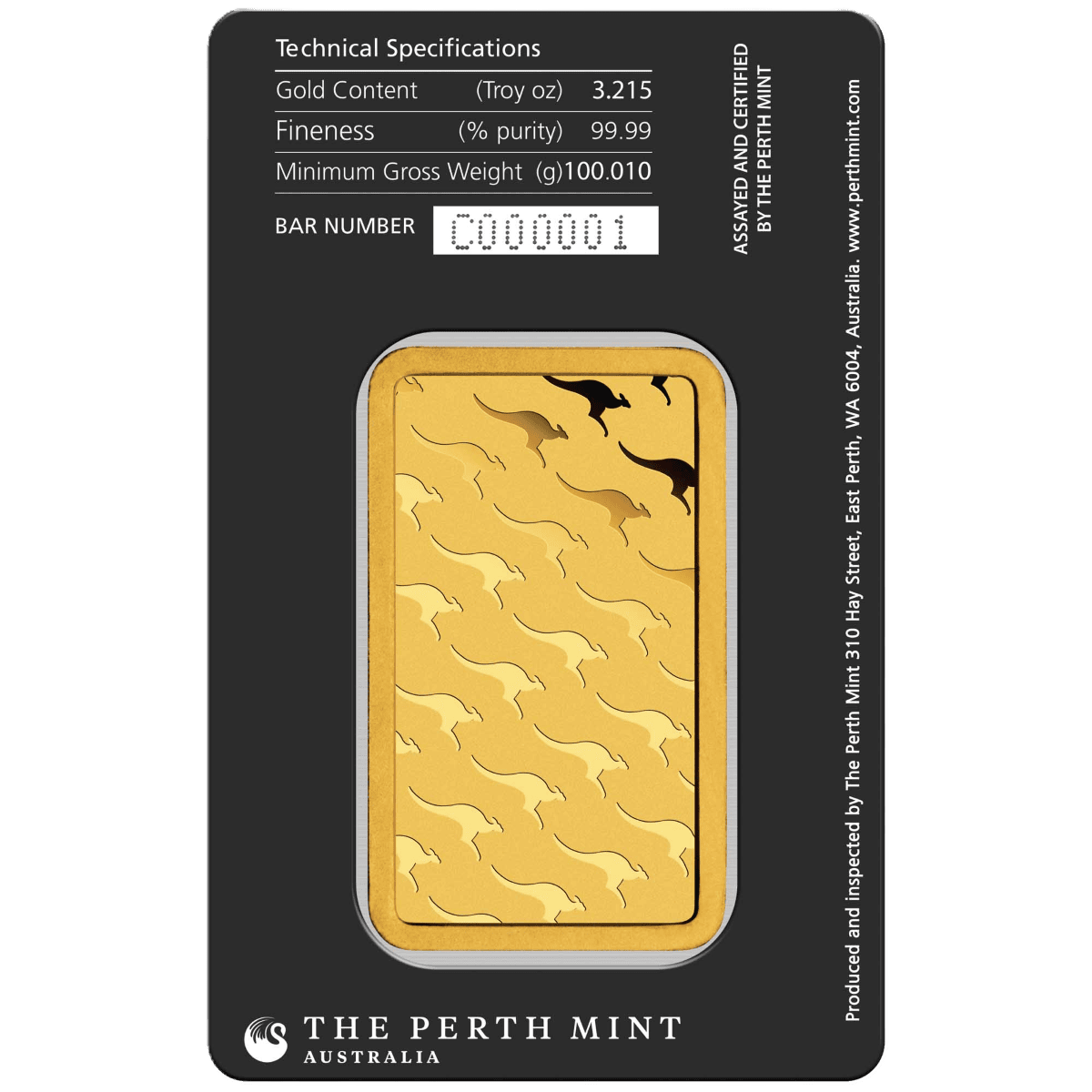 Australia Kangaroo 100g gold minted bar, front angle, 2026, Perth Mint, collectible precious metal, assay card incl.