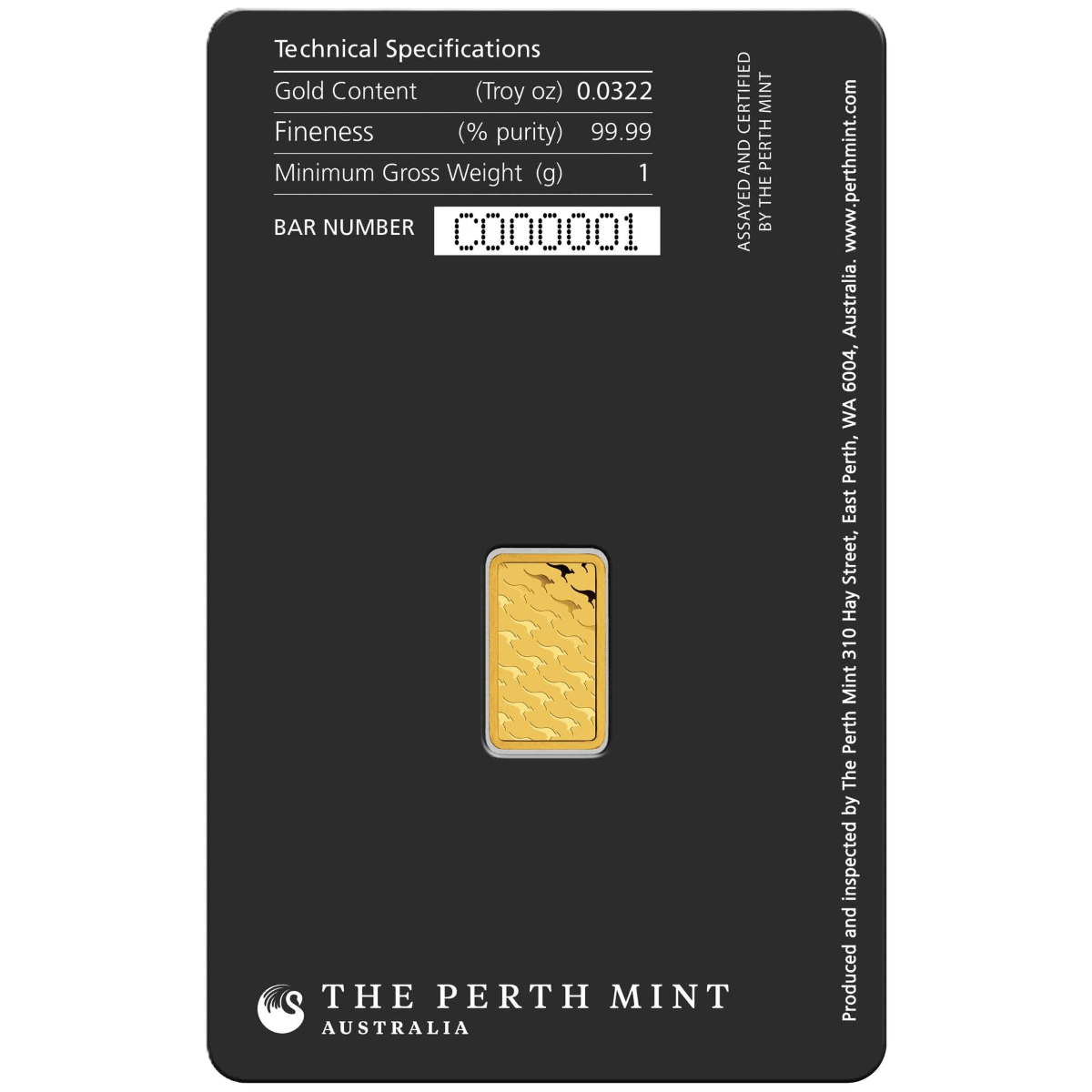 Shiny gold kangaroo 1g minted bar from 2026, produced by Perth Mint, viewed from the front angle, showcasing intric.